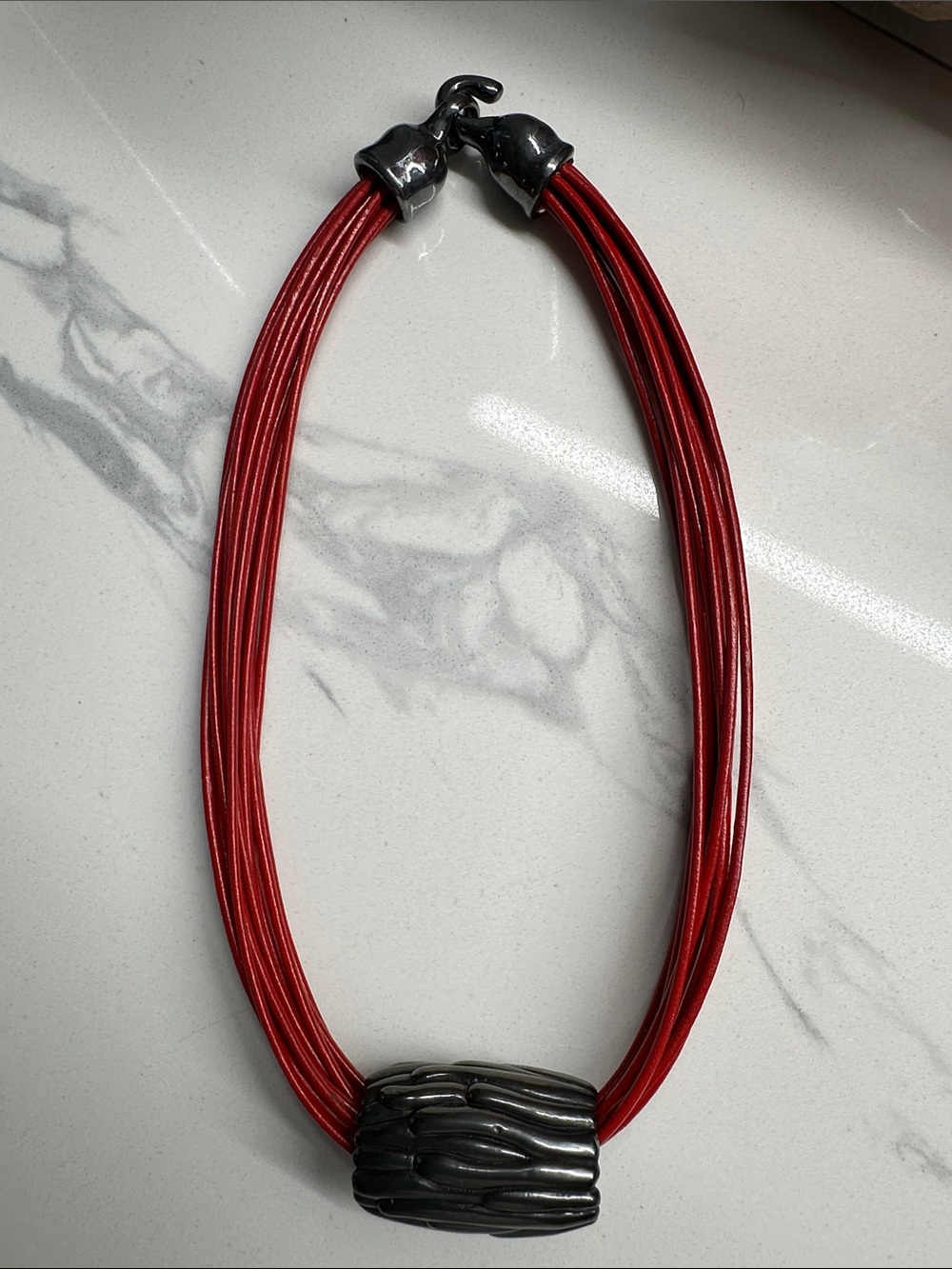 Red Multi-Strand Necklace with Gunmetal Accent